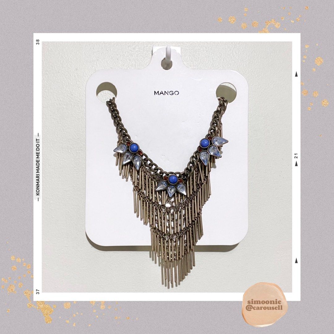 MANGO Bronze Statement Necklace (Category: Necklaces) located in Manila. Submitted by simoonie (Listing ID 1358978857, Image 1). Description: Brand new!✨ Mango Bronze statement dangling bib necklace with chunky chain, blue scheme stones & crystals. 💙 RFS: 2025 Home & Lifestyle Refresh 🤍 *** All photos uploaded are original & of actual products (iPhone camera & under natural/white light) *** ——————————————— ▫️NO RETURN-REFUND / SWAPPING ▫️LAST P