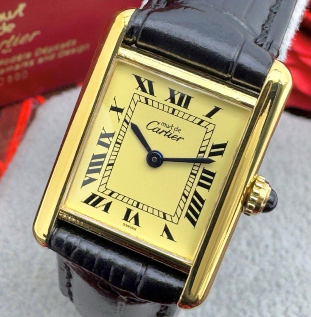 Must de Cartier (Category: Luxury Watches) located in Baliuag. Submitted by youlovewatches (Listing ID 1358977803, Image 2). Description: Cartier Vermeil Must Tank Small 135,000 php Condition - 8/10 ( gold-plated front part has been polished to a new specification ) - No noticeable scratches or stains on the dial - New glass and belt replaced Case size (excluding crown): 20.5 mm Strap width: 15 Dial: Ivory dial Material: 18k GP case Set with: Ori
