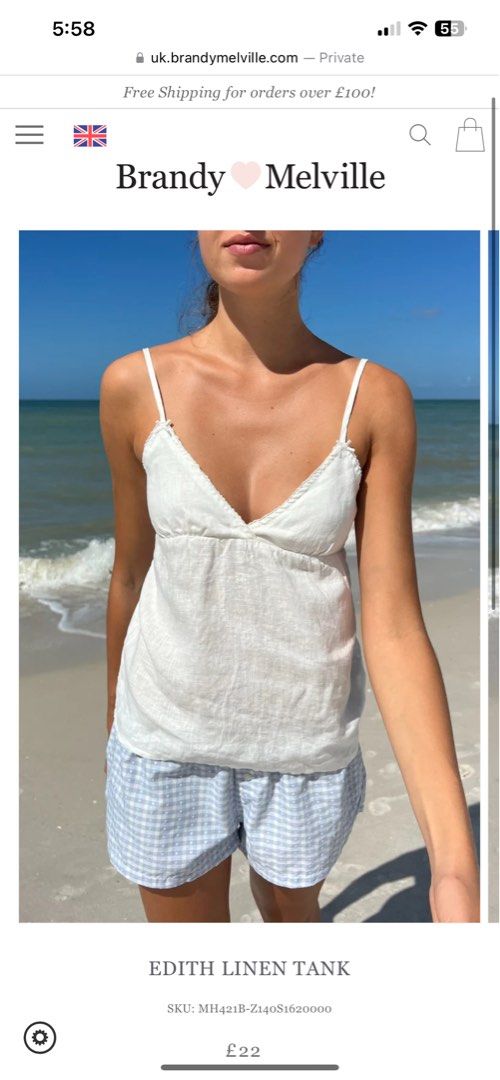 Brandy Melville Edith Linen Tank Top White (Category: Sleeveless) located in Caloocan City. Submitted by jusmmmm (Listing ID 1359218251, Image 1). Description: brand new still with tags got it from japan pasabuy selling with the same price i got it only tried on last price.
