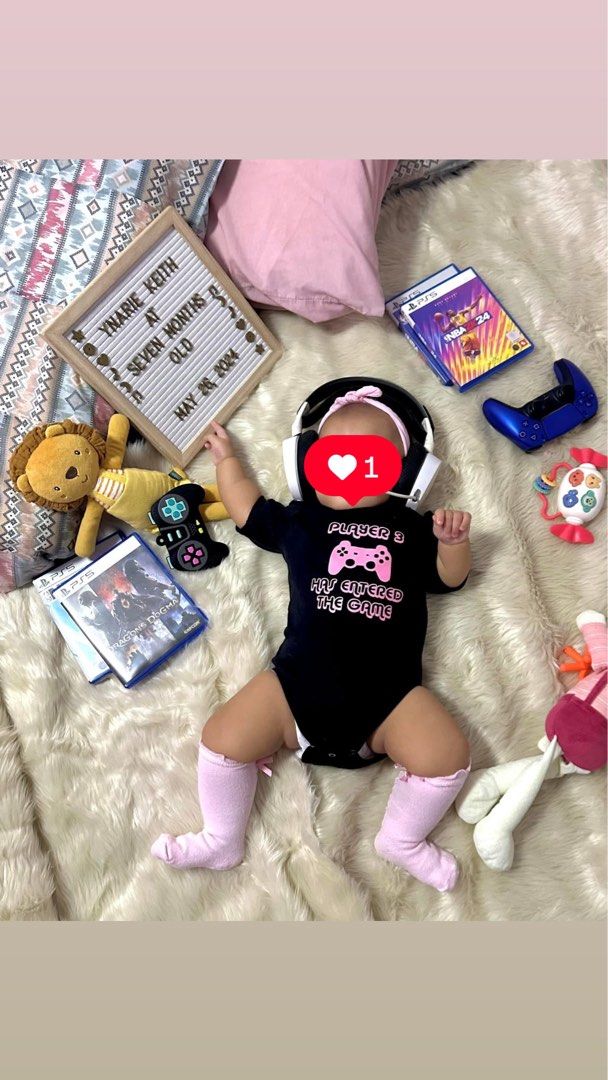 Gamer/ Player 3 Inspired Milestone Outfit (Category: Babies & Kids Fashion) located in Quezon City. Submitted by chi_declutters (Listing ID 1359267378, Image 1). Description: Size: 6-9mons old Brand: No brand but customized Fabric: Cotton Details: Black pink onesie Free headband and socks.