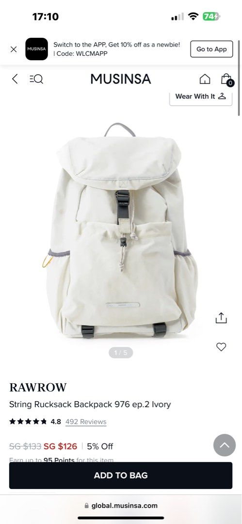 Rawrow String Backpack (Category: Backpacks) located in Singapore. Submitted by bryan.soh.10 (Listing ID 1359200256, Image 1). Description: bought in korea, only used a few times brand new condition, selling cos got too many bags retails for $130.