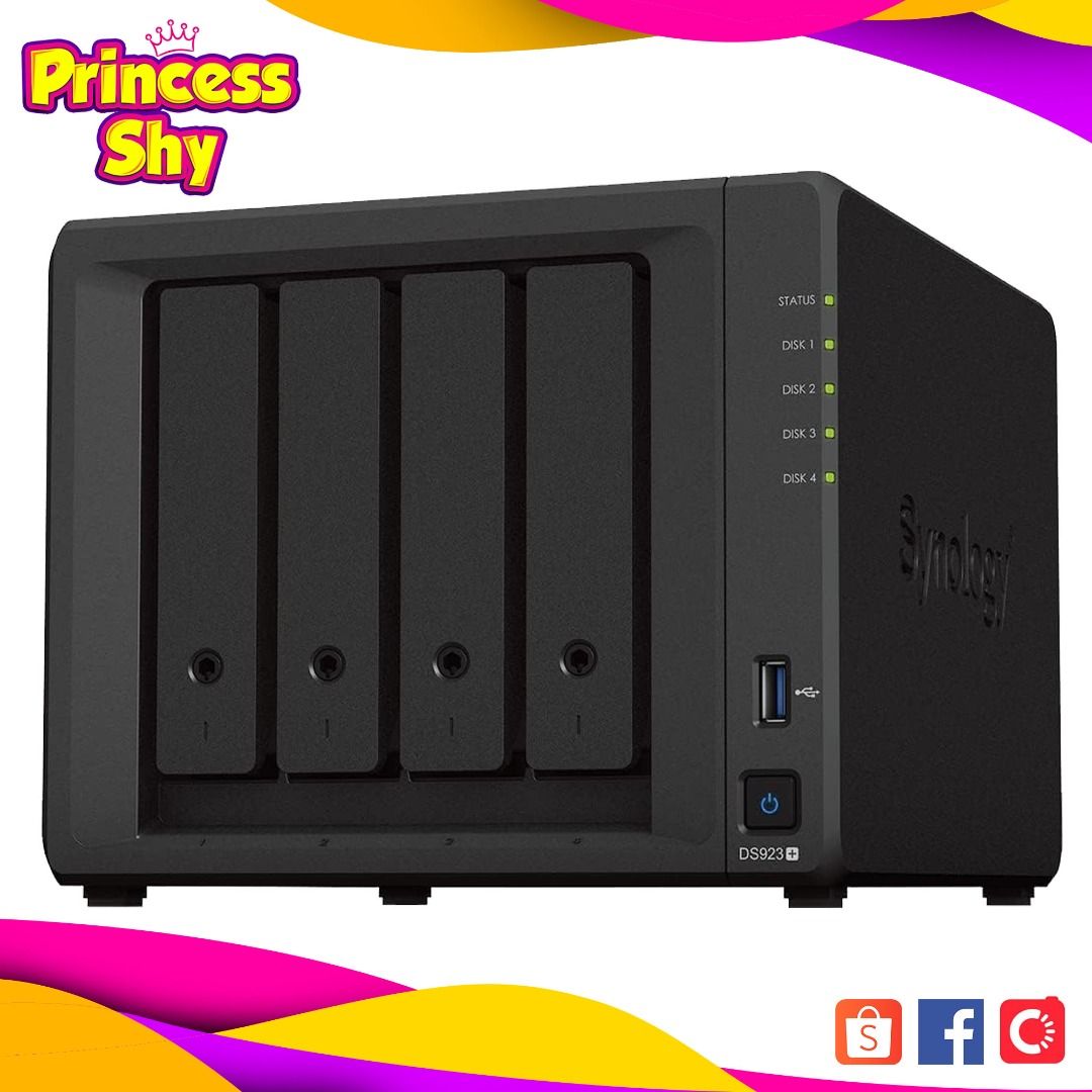 Synology DiskStation DS923+ 4 Bay NAS Enclosure (Category: Computer Parts) located in San Juan City. Submitted by princessshyph (Listing ID 1359173942, Image 1). Description: 4 x 3.5/2.5" Bays | 2 x M.2 2280 Slots 2.6 GHz AMD Ryzen R1600 Dual-Core 4GB of DDR4 RAM 2 x Gigabit Ethernet Ports 2 x USB-A 3.2 Gen 1 | 1 x eSATA RAID 0, 1, 5, 6, 10, Hybrid, Basic, JBOD Sequential Reads up to 625 MB/s Sequential Writes up to 559 MB/s AES-NI Hardware Encry