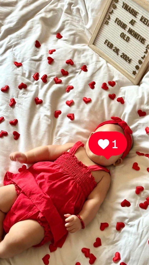 Valentine Theme Milestone Outfit (Category: Babies & Kids Fashion) located in Quezon City. Submitted by chi_declutters (Listing ID 1359266494, Image 1). Description: Size: 3-6mons old (Chinese size) Fabric: Cotton/Linen Details: Top Bottom Undies Headband (included but different from the photo, not garterize) Heart confetti not included.