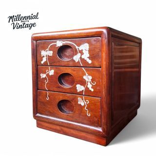 Vintage Small Rosewood mother of pearl inlay oriental mini drawer keepsake box organizer jewelry box