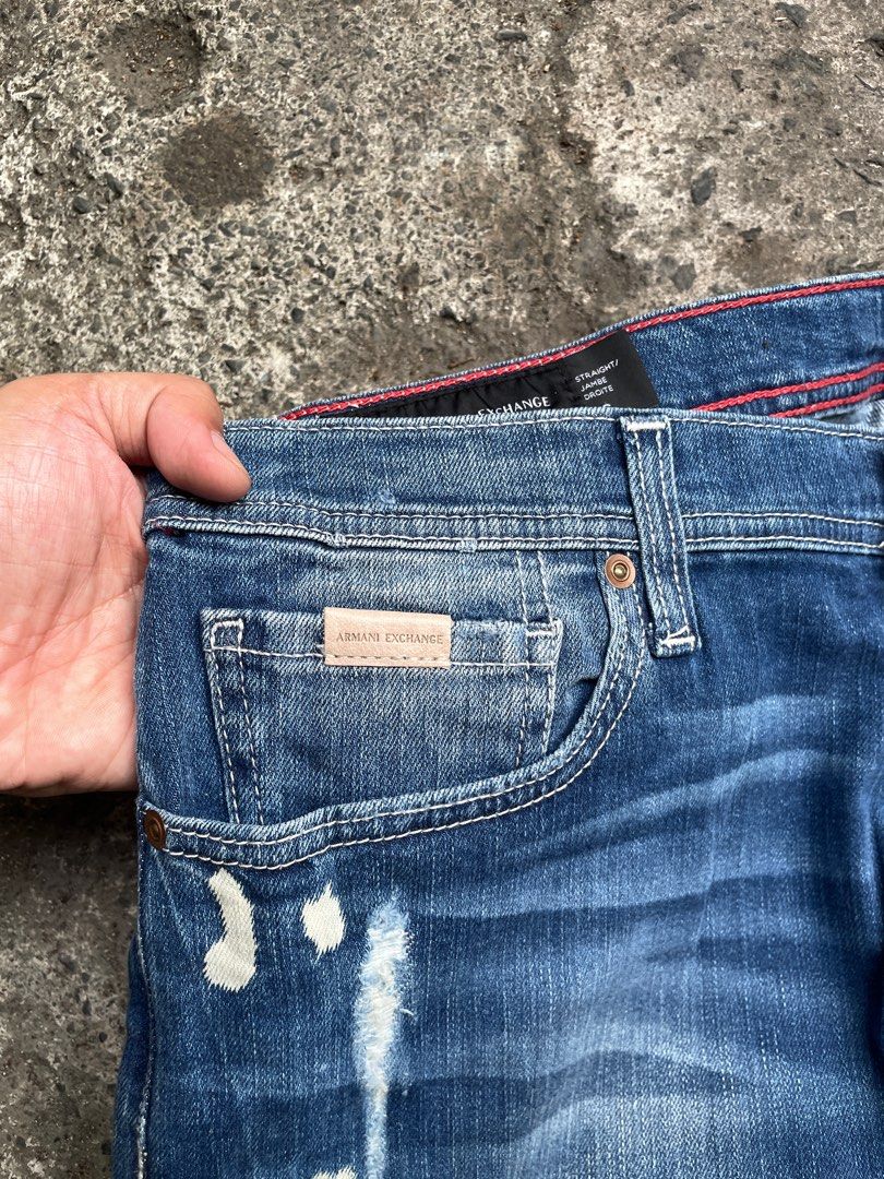 Armani Exchange Custom Bleach Art Jeans (Category: Luxury Apparel) located in Makati City. Submitted by christian_g (Listing ID 1356025406, Image 3). Description: Armani Exchange Jambe Droite •Size: 36-38 waist •Length: 42 •Leg Width: 12 •Ankle Hole: 8 •Excellent Condition •No issue.