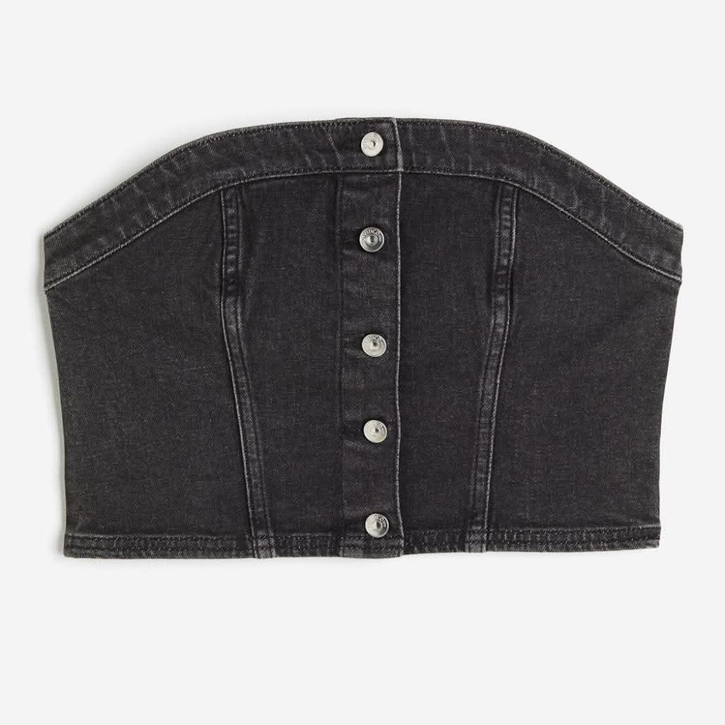 Denim Tube Bustier Top from H&M (Category: Sleeveless) located in Manila. Submitted by nicolerm (Listing ID 1355950122, Image 1). Description: Used twice — for a concert, and for a shoot. Selling because it doesn’t fit me anymore. Bought from the H&M app for 899 PHP. Got noticed by Enhypen’s Sunghoon in this top for Fate in NCC! 🤩.