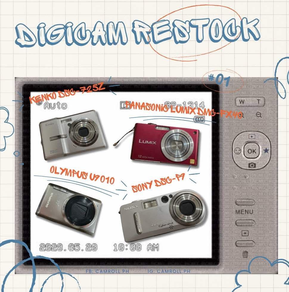 DIGICAMS RESTOCK (Category: Cameras) located in Manila. Submitted by camroll.ph (Listing ID 1355877567, Image 1). Description: Panasonic Lumix DMC-FX40 🔖 🏷️ 4500 -8/10 (normal signs of usage) -12 MP -5x optical zoom ! issues: flash not working Kenko DSC-725Z 🔖 🏷️ 3500 -9.5/10 -7 MP -3x optical zoom ! no issues Olympus u9010 🔖 🏷️ 4500 -8/10 (signs of usage) -14 MP -10x optical zoom ! no issues Sony DSC-P9 🔖 🏷️ 4500 -7/10 (scratches and den