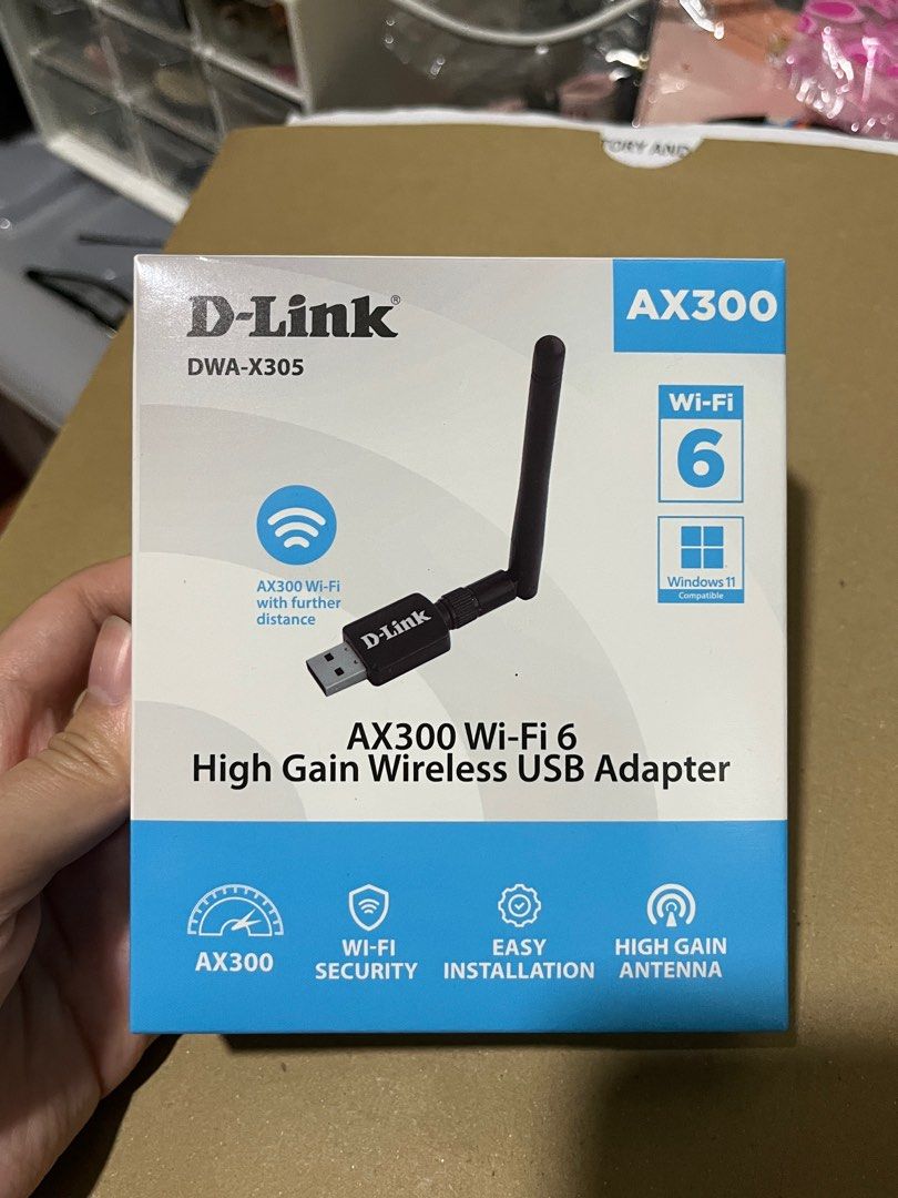 D-Link DWA-X305 Wifi Dongle (Category: Cables & Adaptors) located in San Pedro. Submitted by pakwanniee (Listing ID 1356027298, Image 1). Description: AX300 Wifi 6 High gain wireless USB adapt - Windows 11 compatible - 2.4GHz@ 802.11ax/n/g/b compliant - Supports WPA/WPA2 wireless encryption - Lower latency with Wi-Fi 6 technology - Improved performance - External high gain antenna - USB 2.0 - J&T express delivery (no rush shipping) note: shipping