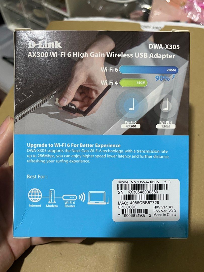 D-Link DWA-X305 Wifi Dongle (Category: Cables & Adaptors) located in San Pedro. Submitted by pakwanniee (Listing ID 1356027298, Image 2). Description: AX300 Wifi 6 High gain wireless USB adapt - Windows 11 compatible - 2.4GHz@ 802.11ax/n/g/b compliant - Supports WPA/WPA2 wireless encryption - Lower latency with Wi-Fi 6 technology - Improved performance - External high gain antenna - USB 2.0 - J&T express delivery (no rush shipping) note: shipping