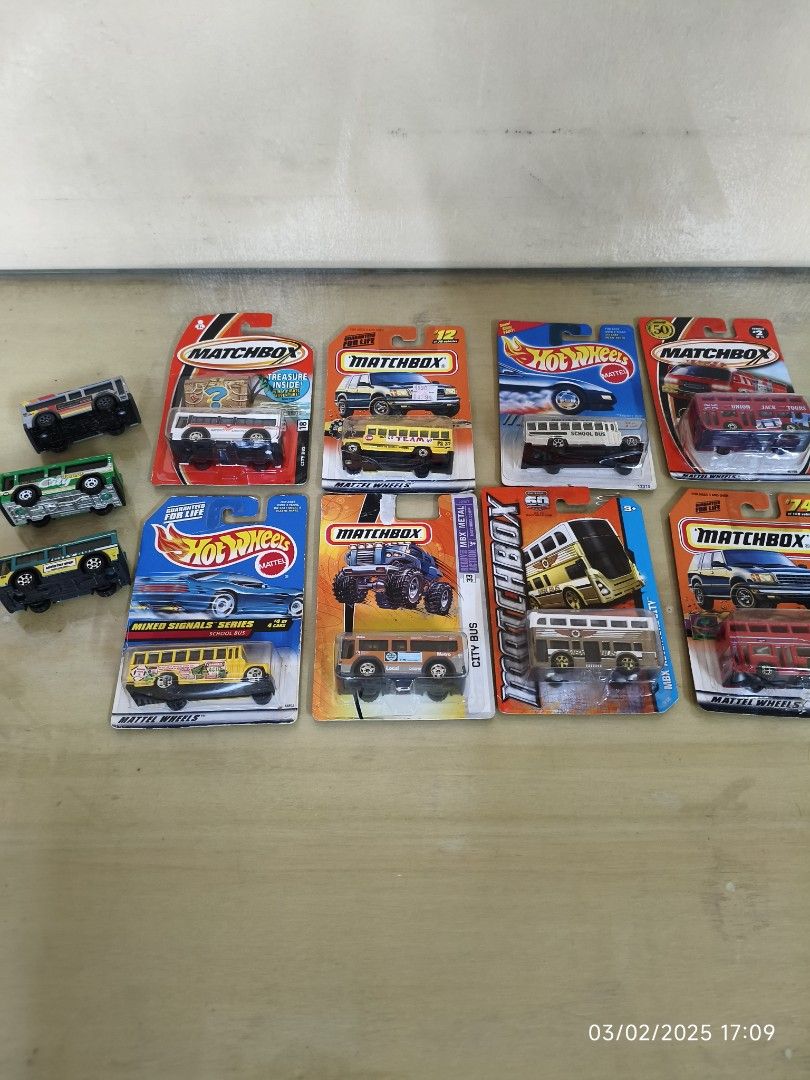 Hot Wheels, Matchbox - Bus set (Category: Vehicle & Diecast Models) located in Rizal. Submitted by johnalvin (Listing ID 1355940436, Image 1). Description: Hot Wheels , Matchbox 11 pieces Bus set selling only as set 8 carded (some have blister dents) 3 loose (from different 5-pack packaging) Payment via verified Gcash shipping via Lalamove, Grab, LBC item location : Taytay, Rizal / Ortigas / Eastwood area.