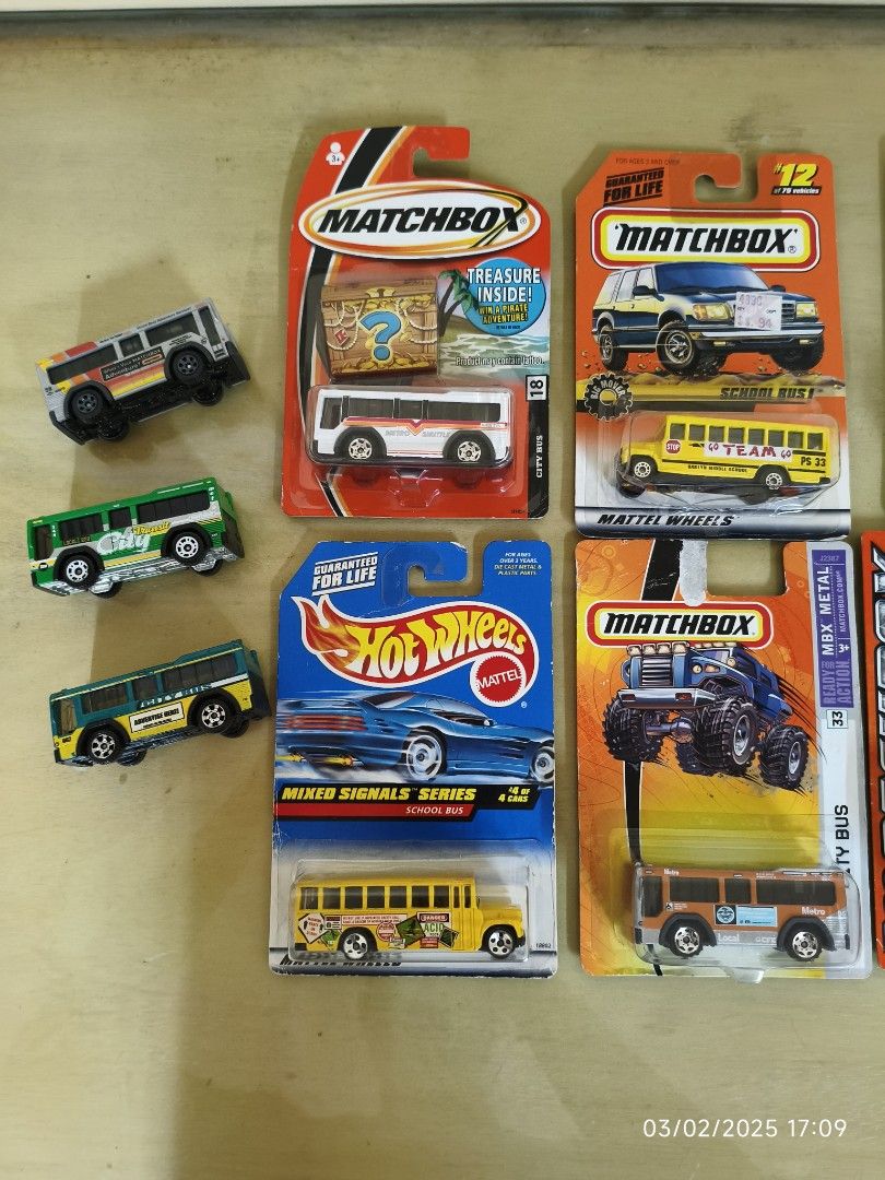 Hot Wheels, Matchbox - Bus set (Category: Vehicle & Diecast Models) located in Rizal. Submitted by johnalvin (Listing ID 1355940436, Image 2). Description: Hot Wheels , Matchbox 11 pieces Bus set selling only as set 8 carded (some have blister dents) 3 loose (from different 5-pack packaging) Payment via verified Gcash shipping via Lalamove, Grab, LBC item location : Taytay, Rizal / Ortigas / Eastwood area.