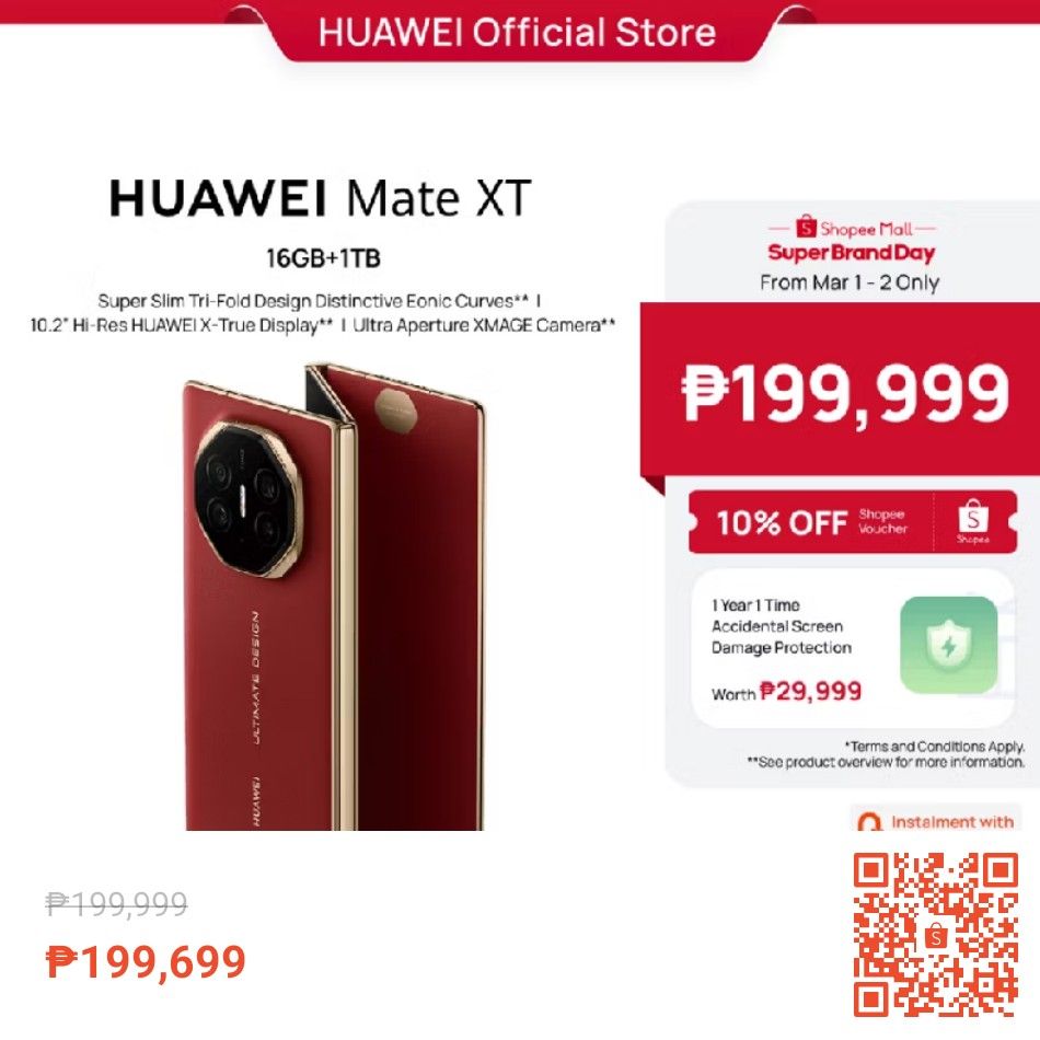 HUAWEI Mate XT (Category: Huawei) located in Paranaque City. Submitted by hizonrj_g (Listing ID 1355911047, Image 1). Description: HUAWEI Mate XT Smartphone 16GB+1TB Super Slim Tri-Fold Design Distinctive Eonic Curves 10.2" Hi-Res HUAWEI X-True Display Ultra Aperture XMAGE Camera #CopperedG #pppMGh #BullEyedDaily #Huawei *link below 👇 mailing & delivery.