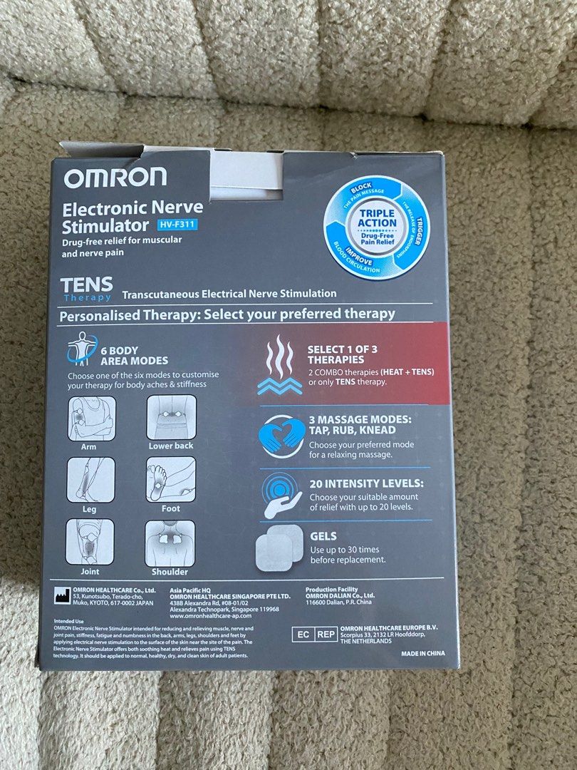 OMRON Electronic Nerve Stimulator HV-F311 (Category: Massage Devices) located in Pasig City. Submitted by shopsukiph (Listing ID 1355954804, Image 2). Description: OMRON TENS Therapy Combo Heat + TENS Used once! The OMRON HV-F311 offers both soothing heat and relieves pain using TENS technology. It is a drug-free therapy intended for reducing and relieving muscles and joints pain, stiffness and numbness in the back, arms, legs, shoulders and feet