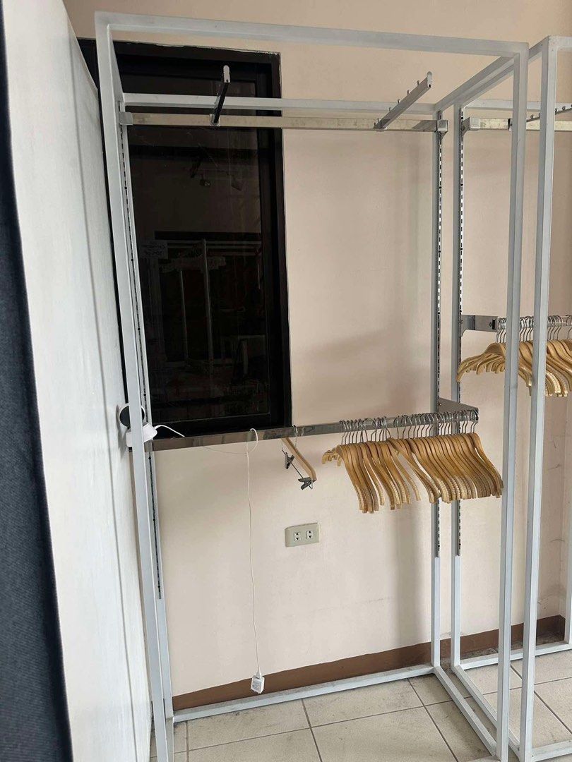 Used Clothing Rack for Boutique (Category: Shelves, Cabinets & Racks) located in Guiguinto. Submitted by accessoriestaph (Listing ID 1354569313, Image 1). Description: Used CLOTHING RACK for SALE ✨ *material: metal tubular (matibay,stable) *with slotted bar (stainless steel) *spray painted - white *size: 1 meter x 2 meters x 0.44 meter *bar included (depende sa style ng rack) *6 pcs available (actual picture) *location for pickup: Bulakan, Bulaca