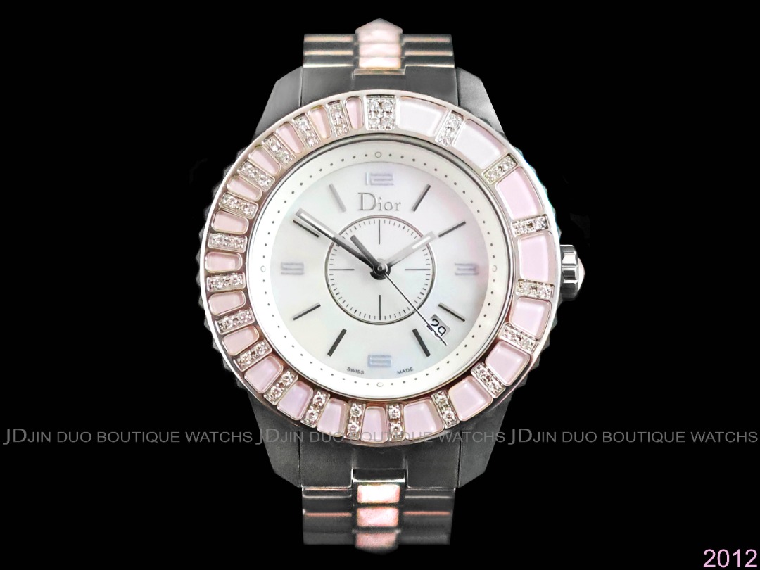 金鐸精品~2012 CHRISTIAN DIOR CD 迪奧 CHRISTAL系列 34mm珍珠母貝面 石英女用鑽錶, 名牌精品, 精品手錶在旋轉拍賣