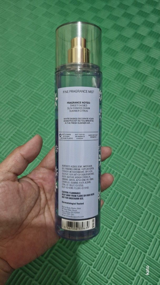 BBW body mist Denim and Dasies (Category: Fragrance & Deodorants) located in Marikina City. Submitted by thirfty_treasures (Listing ID 1359382450, Image 2). Description: unused/unsprayed buy any 2 BBW mist for 600 php RFS : excess pasalubong from US Location: Marikina.