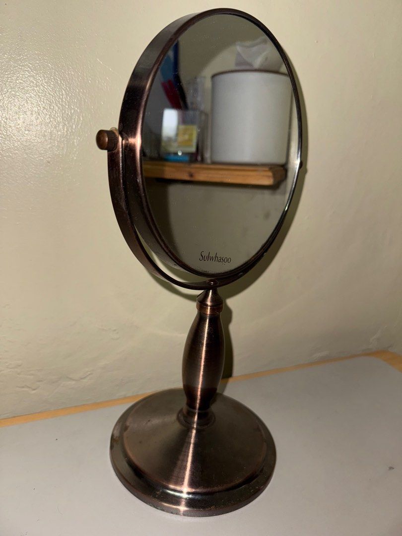 Double Sided Mirror (Category: Mirrors) located in Quezon City. Submitted by mkl.p (Listing ID 1359444735, Image 2). Description: - material is brass - double sided (other side is parang magnifying glass) - medyo loose lang yung body - what u see is what u get; manage expectations loc is españa manila.