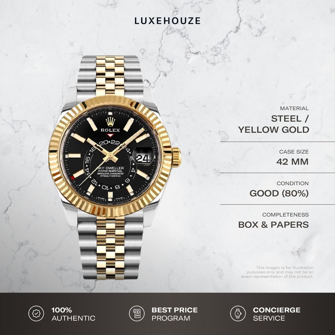 Mint Aug 2021 Rolex Sky-Dweller 326933 Black Dial Jubilee (Category: Watches) located in Singapore. Submitted by luxehouze (Listing ID 1298983743, Image 1). Description: Join our Community for special deals and latest arrivals! //bit.ly/LHWatchesSG Rolex Sky-Dweller 326933 Black Dial Jubilee This piece is available for viewing by request. Reserve your spot on our viewing list. Watch Details: SKU: 0011629 Condition: Good (80%) Dial: Black Case Dia