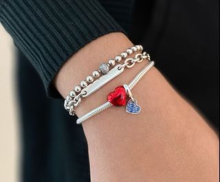 PANDORA BEAD BRACELET / ID LOGO BAR BRACELET - 2300 EACH/ HEART METALLIC RED / BLUE DANGLE HEART TILTED CHARM - 999 EACH