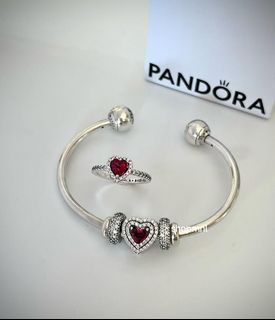 🎀SALE! PANDORA OPEN BANGLE WITH SET RED HEART LEVELED CHARM AND SPACERS AND RING