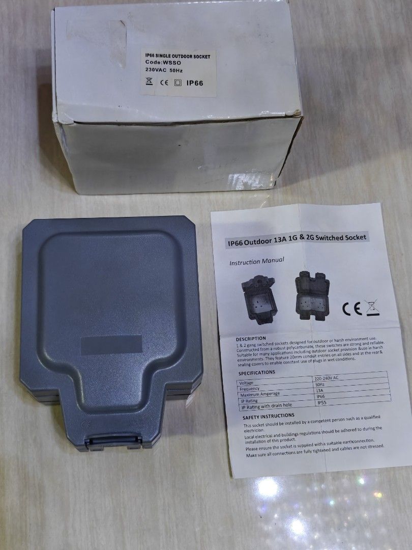 Socket, Outdoor Socket, IP66, Single Socket (Category: Electrical, Adaptors & Sockets) located in Singapore. Submitted by exquisite_essentials (Listing ID 1359475934, Image 1). Description: Outdoor Switch Socket IP66 13A Brand new in box. Self collect Woodlands..