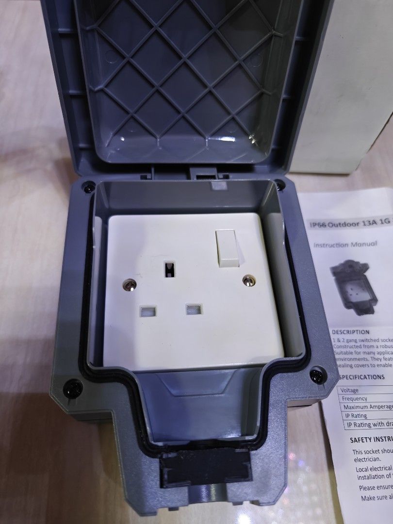 Socket, Outdoor Socket, IP66, Single Socket (Category: Electrical, Adaptors & Sockets) located in Singapore. Submitted by exquisite_essentials (Listing ID 1359475934, Image 2). Description: Outdoor Switch Socket IP66 13A Brand new in box. Self collect Woodlands..