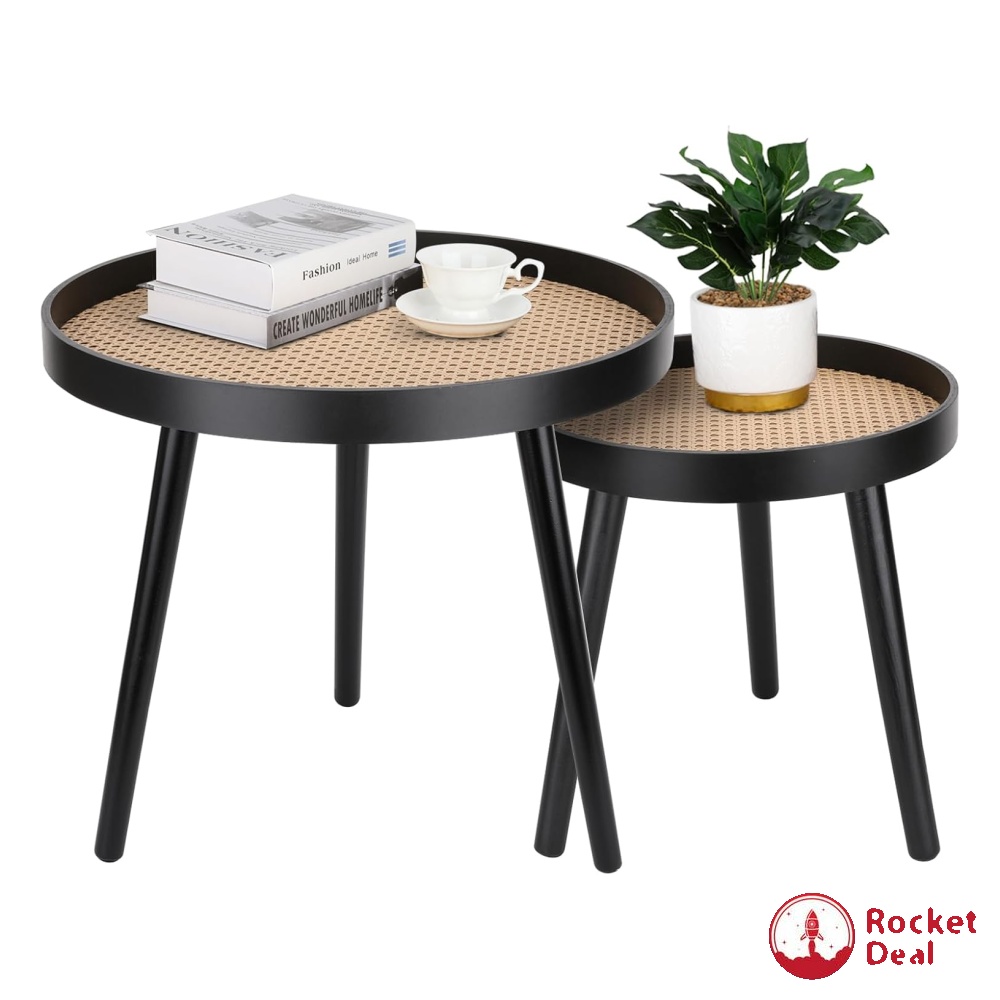 ZYBT Round Coffee Table Set of 2, Black Boho Coffee Table, Small Mid ...