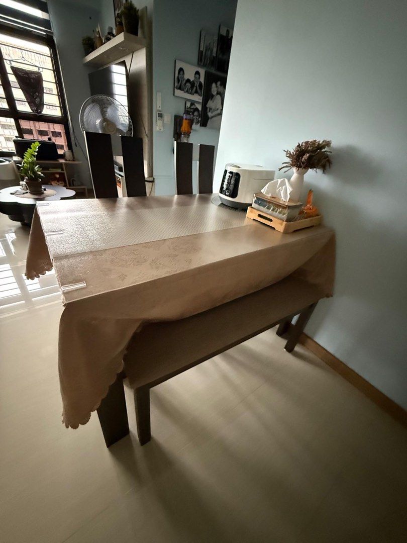 Dining Table (Category: Tables & Sets) located in Singapore. Submitted by parental_guidance.24 (Listing ID 1359638041, Image 3). Description: Lightly used dining table with two chairs and one bench. Tabletop is glass. Table is extendable, and is also good for 4 to 6 people. RFS: Upgrading dining table.