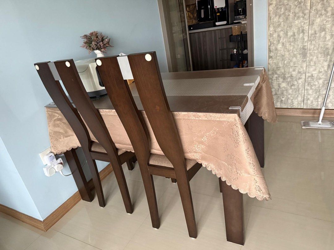 Dining Table (Category: Tables & Sets) located in Singapore. Submitted by parental_guidance.24 (Listing ID 1359638041, Image 2). Description: Lightly used dining table with two chairs and one bench. Tabletop is glass. Table is extendable, and is also good for 4 to 6 people. RFS: Upgrading dining table.