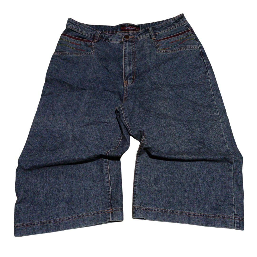 Eigo Baggy Long Jorts (Category: Shorts) located in Taguig. Submitted by speedingchimps (Listing ID 1359489480, Image 1). Description: Fits best on smaller people Size: M Dimensions: Waistline: 33in Length: 27in Hem: 12in Features: Nice washed blue denim color, pretty and colorful pocket stitching, nice branding, large hem and long length. Issue: None RFS: Bought but never worn outside, too small for me, doesn't fit my proportions. Lalamove/Angka