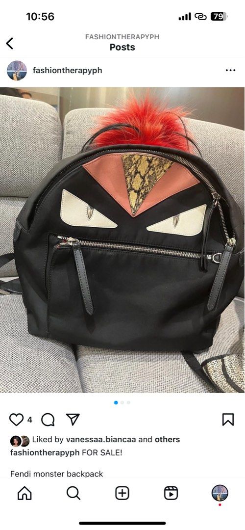 fendi monster backpack (Category: Luxury Bags & Wallets) located in Davao. Submitted by fashiontherapyph (Listing ID 1359507691, Image 1). Description: theres very minimal signs of usage but very barely noticeable seldom used perfect size authentic it comes with cards and dustbag.