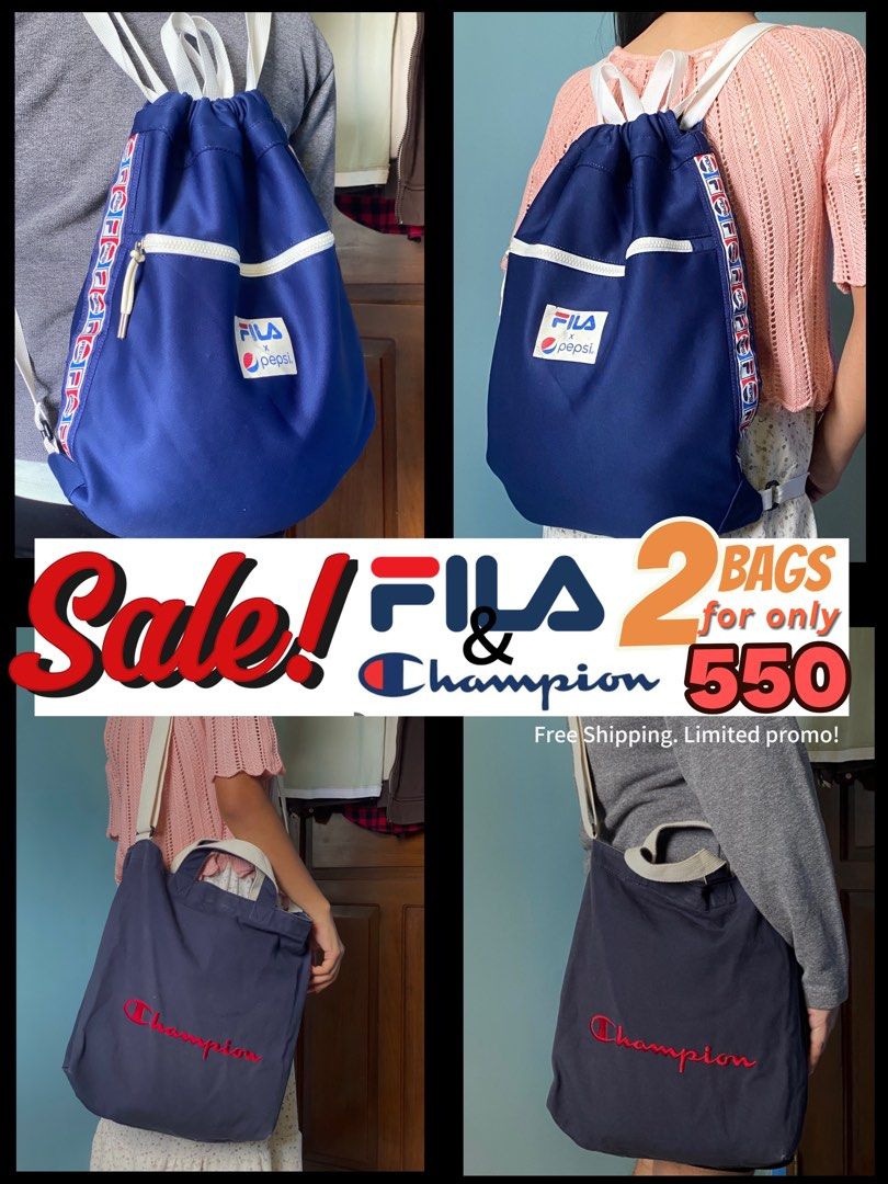 FILA & Champion Bag Bundle Promo (Category: Luxury Bags & Wallets) located in Santa Teresita. Submitted by goodwarrior (Listing ID 1359600424, Image 1). Description: FILA Bag and Champion Bag Bundle Promo. Limited Promo only. No damages or stains..