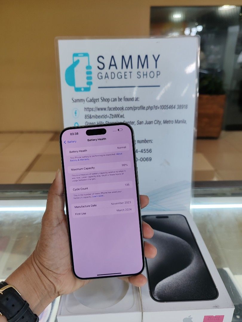 Iphone 15promax 256 (Preloved) (Category: iPhone 15 Series) located in Quezon City. Submitted by ronalynac40976 (Listing ID 1359521208, Image 3). Description: Iphone 15promax 256 99% battery health good condition With box, same serial Pick up store in greenhills We accept creditcard in store+% We accept ggives & spaylater+% We accept swap/trade in We ship nationwide via lbc Dm or call for fast transaction 09279500069/094255544556 Located @ Aquari