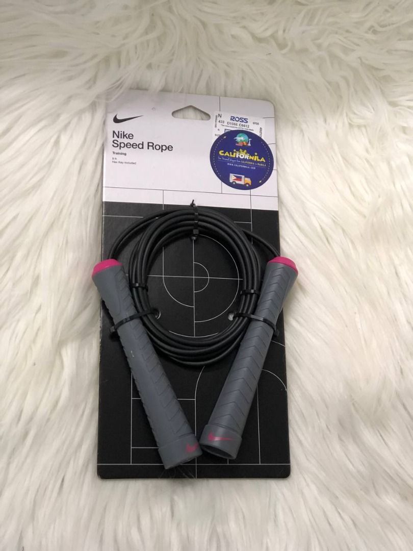 Nike speed Rope jumping rope (Category: Exercise Mats) located in Quezon City. Submitted by californilaph (Listing ID 1359502945, Image 1). Description: - Nike Speed Rope is a jump rope designed for fitness training, cardio workouts, and agility exercises. It features ergonomic gray handles with pink accents and a durable black rope for high-speed skipping. - Accepted Payment is through Bank or Gcash. .