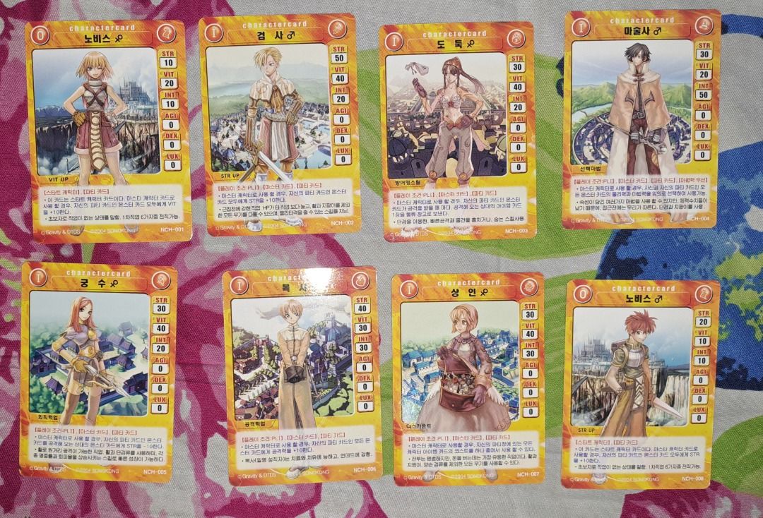 Ragnarok Cards from Korea (no duplicate) (Category: Raw Singles) located in Manila. Submitted by alben_stuff (Listing ID 1336020796, Image 2). Description: yellow cards 1 to 8, red cards 11, 13, 15, 17 - 27 black cards 29, 31, 33 - 38, 40, 42 - 45, 47 - 48, 50 - 56 blue cards 58 - 65, 67 - 69, 71 - 78 violet cards 79 - 82, 84 green cards 85 - 87, 89 - 90 74 pcs for 500 pesos.