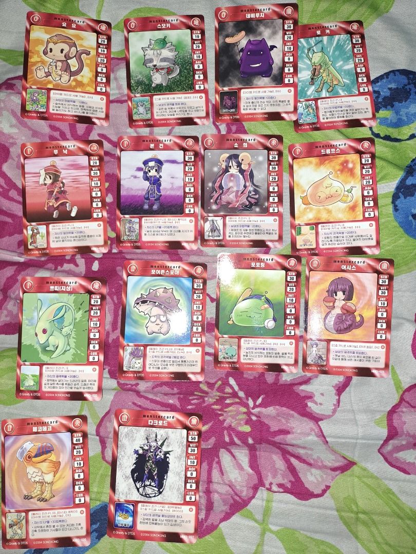 Ragnarok Cards from Korea (no duplicate) (Category: Raw Singles) located in Manila. Submitted by alben_stuff (Listing ID 1336020796, Image 3). Description: yellow cards 1 to 8, red cards 11, 13, 15, 17 - 27 black cards 29, 31, 33 - 38, 40, 42 - 45, 47 - 48, 50 - 56 blue cards 58 - 65, 67 - 69, 71 - 78 violet cards 79 - 82, 84 green cards 85 - 87, 89 - 90 74 pcs for 500 pesos.