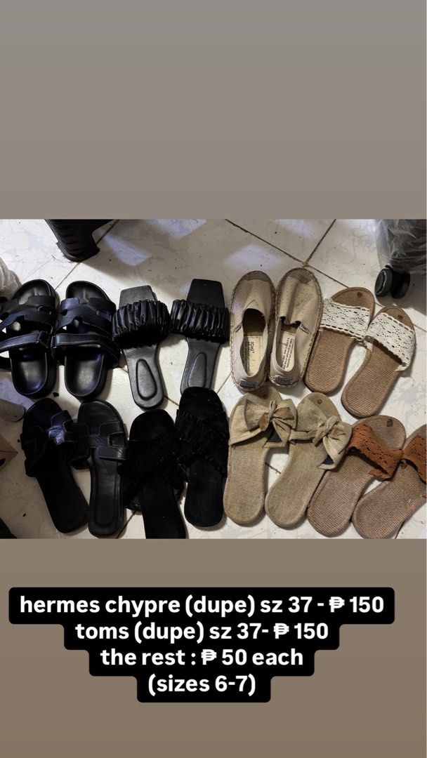 random sandals (Category: Flats & Sandals) located in Manila. Submitted by daaaann (Listing ID 1359495683, Image 1). Description: hrmes chypre size 7 - ₱150 toms dupe sz 7: 150 the rest : 50 each sizes 6-7 .