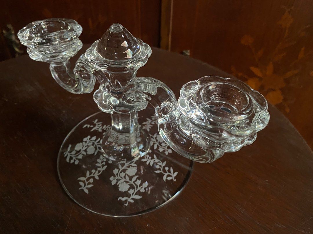 Vintage Etched Glass Double Candelabra (Category: Other Home Decor) located in Makati City. Submitted by patriciapb (Listing ID 1359515399, Image 2). Description: Exquisite vintage double candelabra with intricate floral etching on the base, it features gracefully curved arms that hold two candles. The design reflects classic mid-century craftsmanship, making it perfect as a centerpiece or decorative accent. • Condition: Excellent with no visible