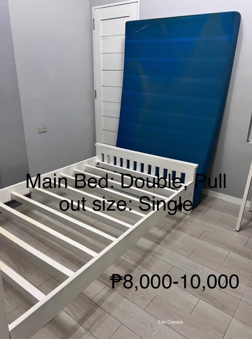 Bed (Twin) with Pull out bed (Single) (Category: Bed Frames & Mattresses) located in Silang. Submitted by florenceea58613 (Listing ID 1359674271, Image 1). Description: Twin (main bed) and pull out bed (single size) White Pasadya With minor dents Last Price / 8000.
