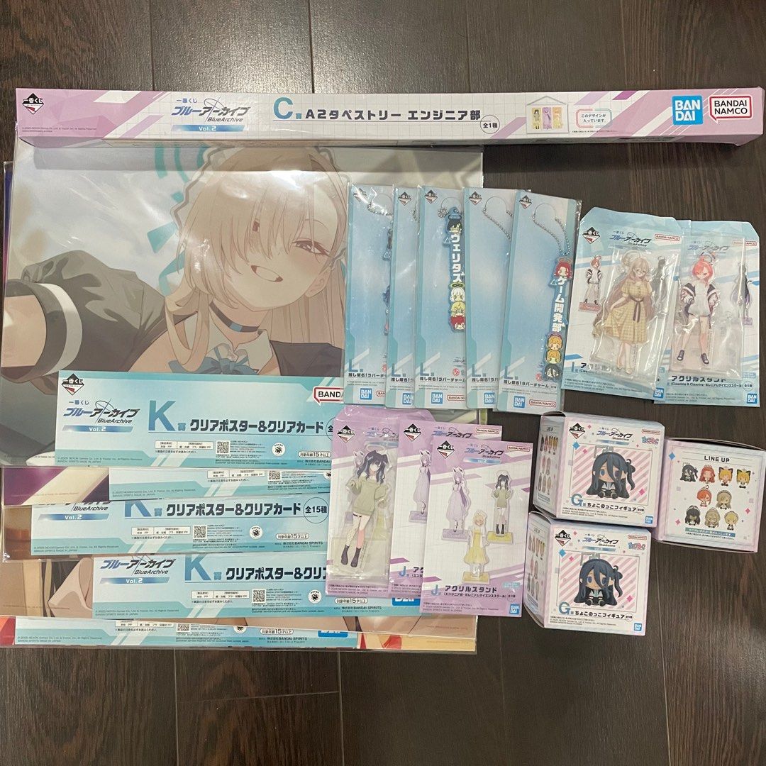 Blue Archive Ichiban Kuji Bandai Namco (Category: J-Wave Merchandise) located in Singapore. Submitted by idlingsloth (Listing ID 1359777965, Image 1). Description: Prize C (Tapestry) - $30 (See Pic 7) Prize G - SOLD Prize I (Acrylic Stand) - $15 / each (Akane, Neru) Prize J (Acrylic Stand) - $15 Hibiki, $18 Unopened x2 (Random design) Prize K (Poster) - $10 / each Prize L (Keychain) - $10 / each Buy more for discount - Pm me to nego! Meetups anyw
