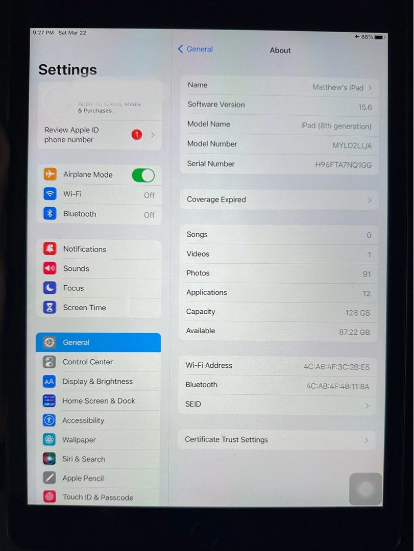 iPad 8th Gen (128 GB) (Category: iPad) located in Bulacan. Submitted by _mv_ml_ (Listing ID 1359798008, Image 2). Description: iPad (8th generation) 128 GB No issues No history of repair Battery - good All buttons - good Touch ID - good No dents, no scratches no inclusion, iPad only.