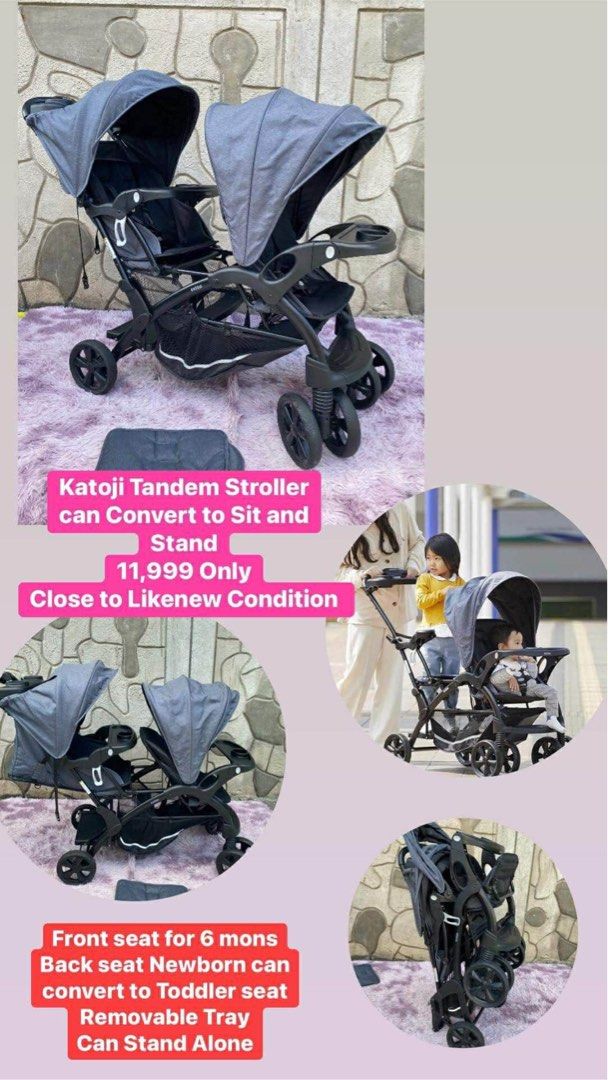 Katoji Sit and Stand Tandem Stroller/Twin Stroller (Category: Strollers) located in Manila. Submitted by avalanchesonlineshopmainacount (Listing ID 1359673128, Image 1). Description: Back seat newborn to toddler can convert to sit and stand Front seat 6mons to toddler.