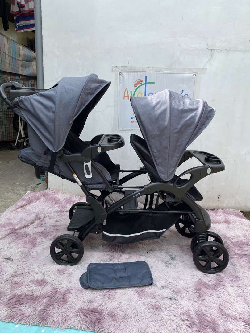 Katoji Sit and stand tandem Stroller complete (Category: Strollers) located in Manila. Submitted by avalanchesonlineshopmainacount (Listing ID 1359725537, Image 2). Description: Katoji Sit and Stand Tandem Stroller Complete ❗️ Close to Likenew Condition Not Faded Not Rusty😃 Wash and ready to used❗️ Back seat xan fit to newborn and removable seat to convert sit and stand☺️ Avalanche’s onlineshop.