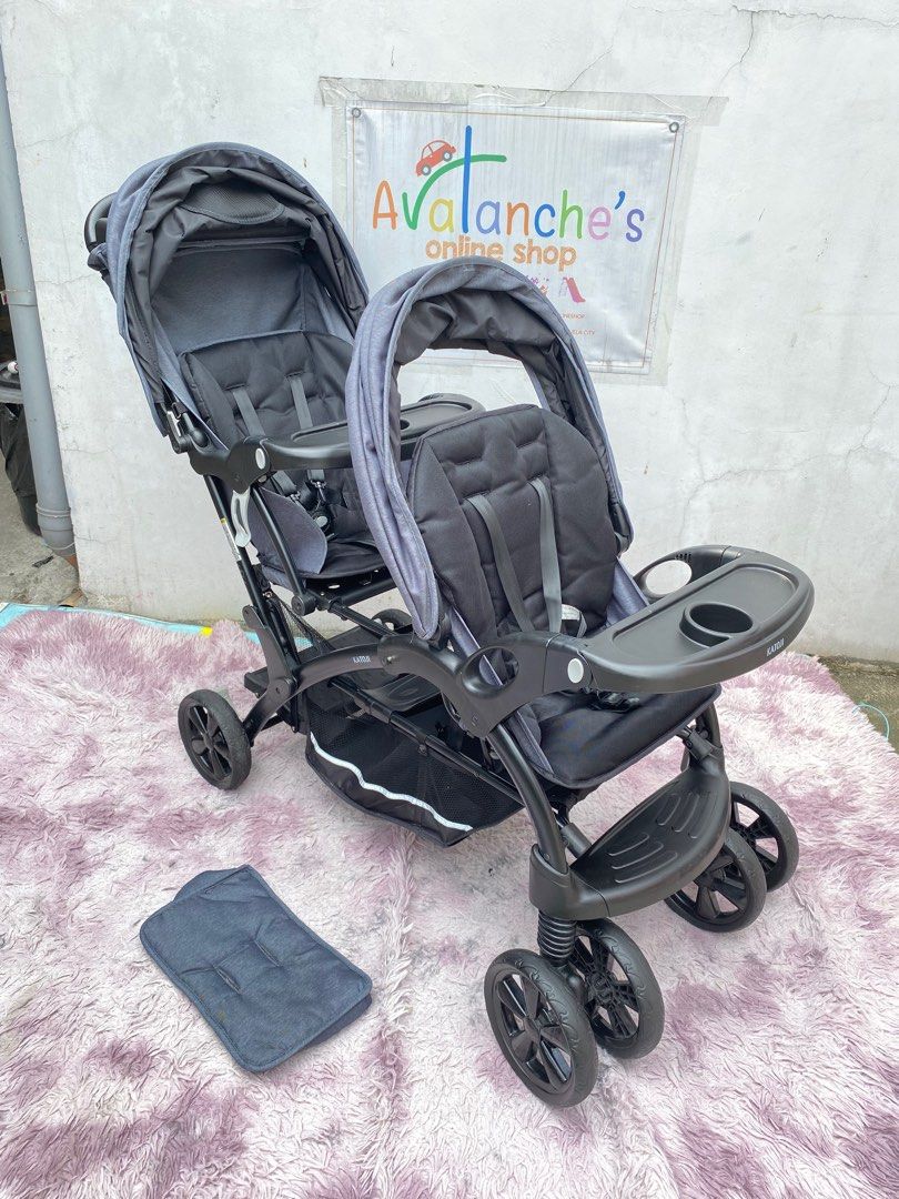 Katoji Sit and stand tandem Stroller complete (Category: Strollers) located in Manila. Submitted by avalanchesonlineshopmainacount (Listing ID 1359725537, Image 1). Description: Katoji Sit and Stand Tandem Stroller Complete ❗️ Close to Likenew Condition Not Faded Not Rusty😃 Wash and ready to used❗️ Back seat xan fit to newborn and removable seat to convert sit and stand☺️ Avalanche’s onlineshop.