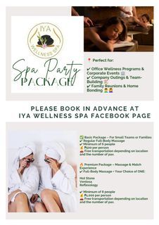 Massage and Match Spa Party Packages for family reunion, company outing or events, birthday, bridal shower
