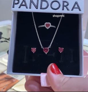 🎀SALE! PANDORA RED HEART NECKLACE EARRING AND ELEVATED HEART RING SET..