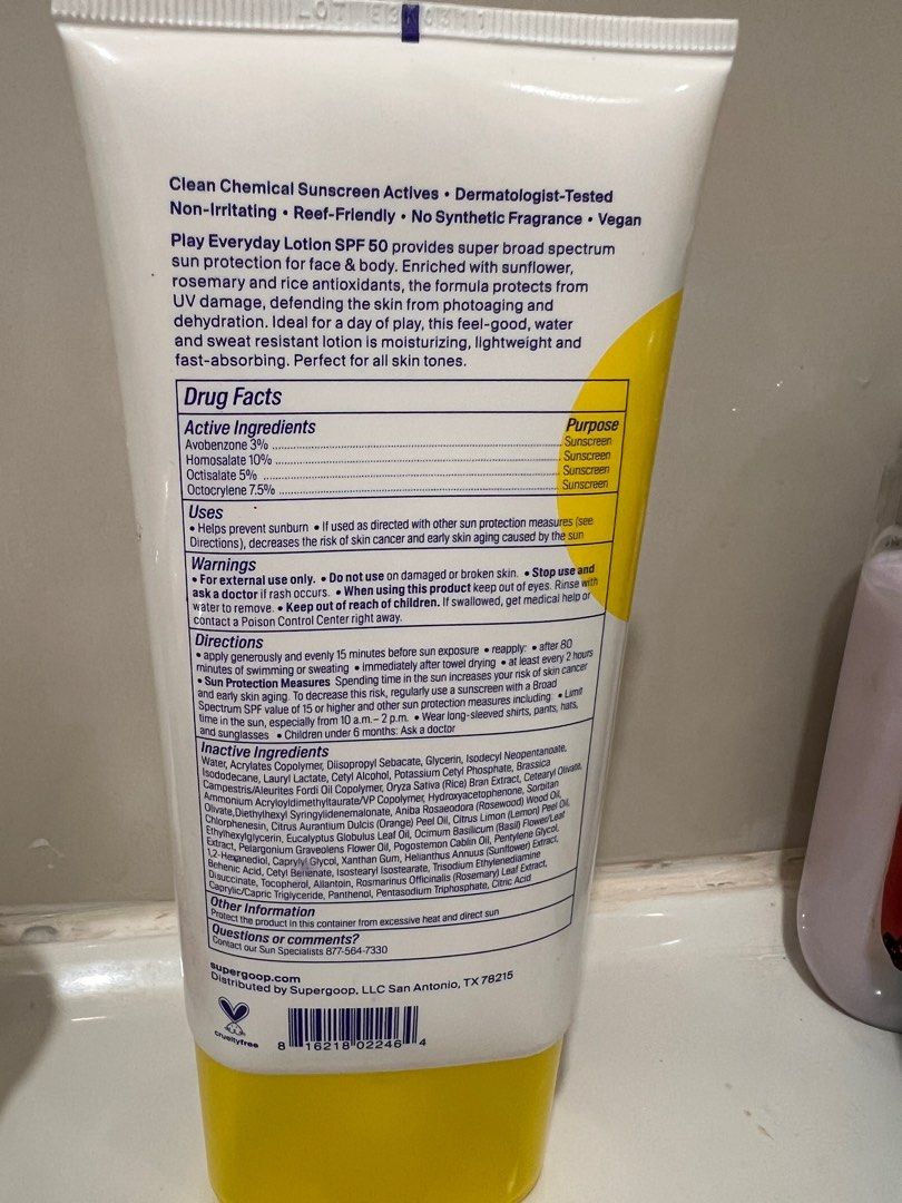 Supergoop! PLAY Everyday Lotion SPF 50 162ml (Category: Face Care) located in Quezon City. Submitted by gade38 (Listing ID 1359774455, Image 2). Description: AUTHENTIC BOUGHT FROM ULTA BEAUTY USA 🇺🇸 J&t shipping available BROAD SPECTRUM SUNSCREEN - Supergoop! PLAY everyday lotion is a fast-absorbing, broad spectrum SPF 50 sunscreen. PLAY Everyday is a lightweight, hydrating broad spectrum SPF 50 sunscreen that absorbs UVA (aging) & UVB (burning