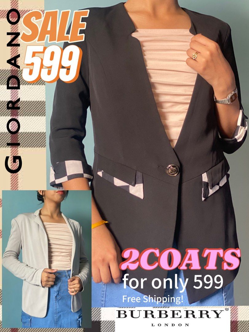 Working Coats (Burberry and Giordano) Bundle Promo (Category: Coats, Jackets and Outerwear) located in Santa Teresita. Submitted by goodwarrior (Listing ID 1359740899, Image 1). Description: Giordano Women Coat has no damages or stains. Almost brand new. The Burberry Coat has no stains also. However, its tag in the back has cuts. Nevertheless, it still look brand new..
