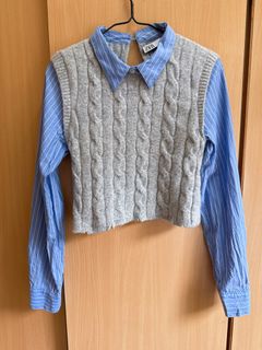 Zara Top 灰色羊毛拼藍色直間上衣64220304734849110