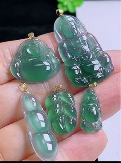 秒殺天然A貨翡翠18K金扣頭冰藍起光觀音佛公葉子三元及第吊墜送銀鏈64225028765954110